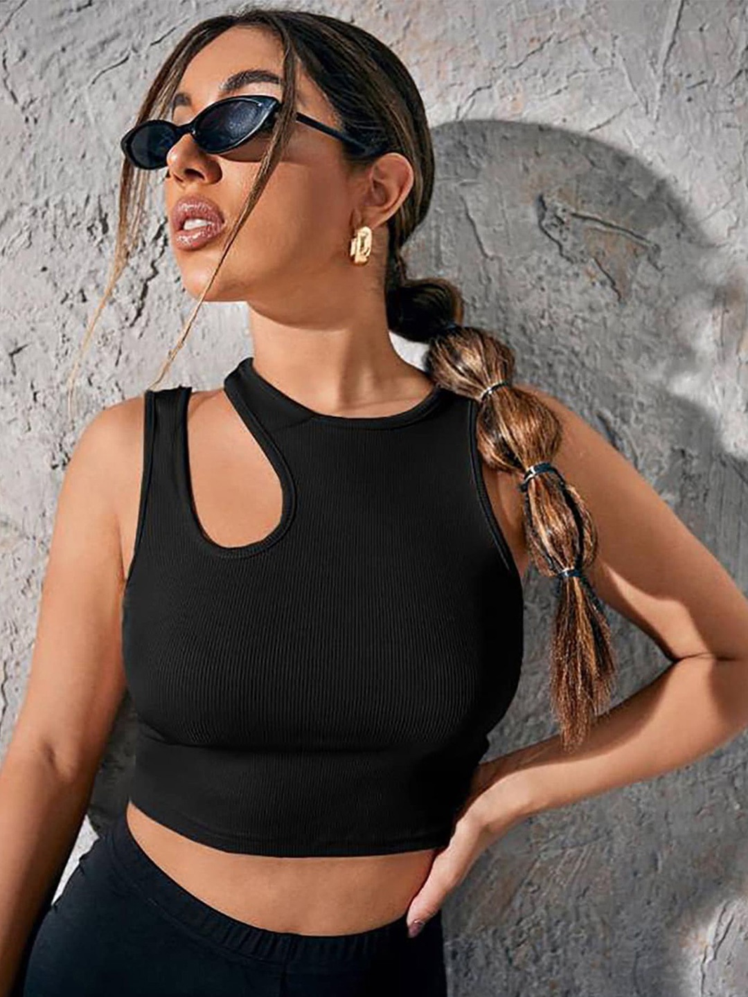 

LULU & SKY Self Design Cut-out Shoulder Cotton Crop Top, Black