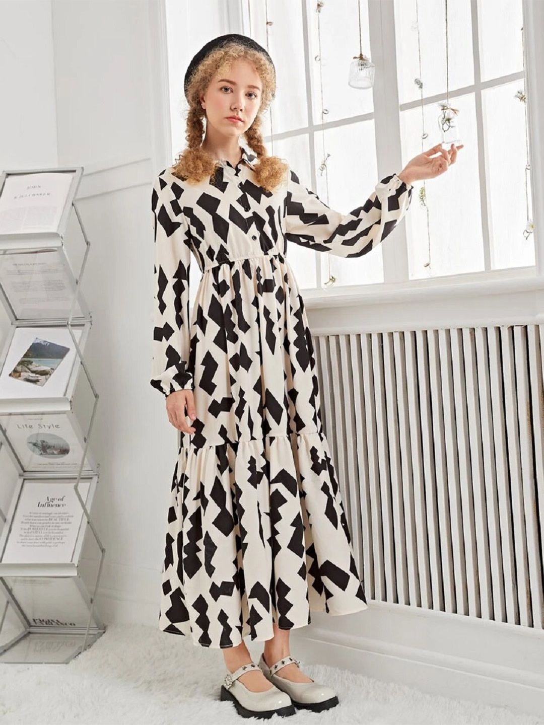 

BAESD Printed Cotton A-Line Midi Dress, Cream