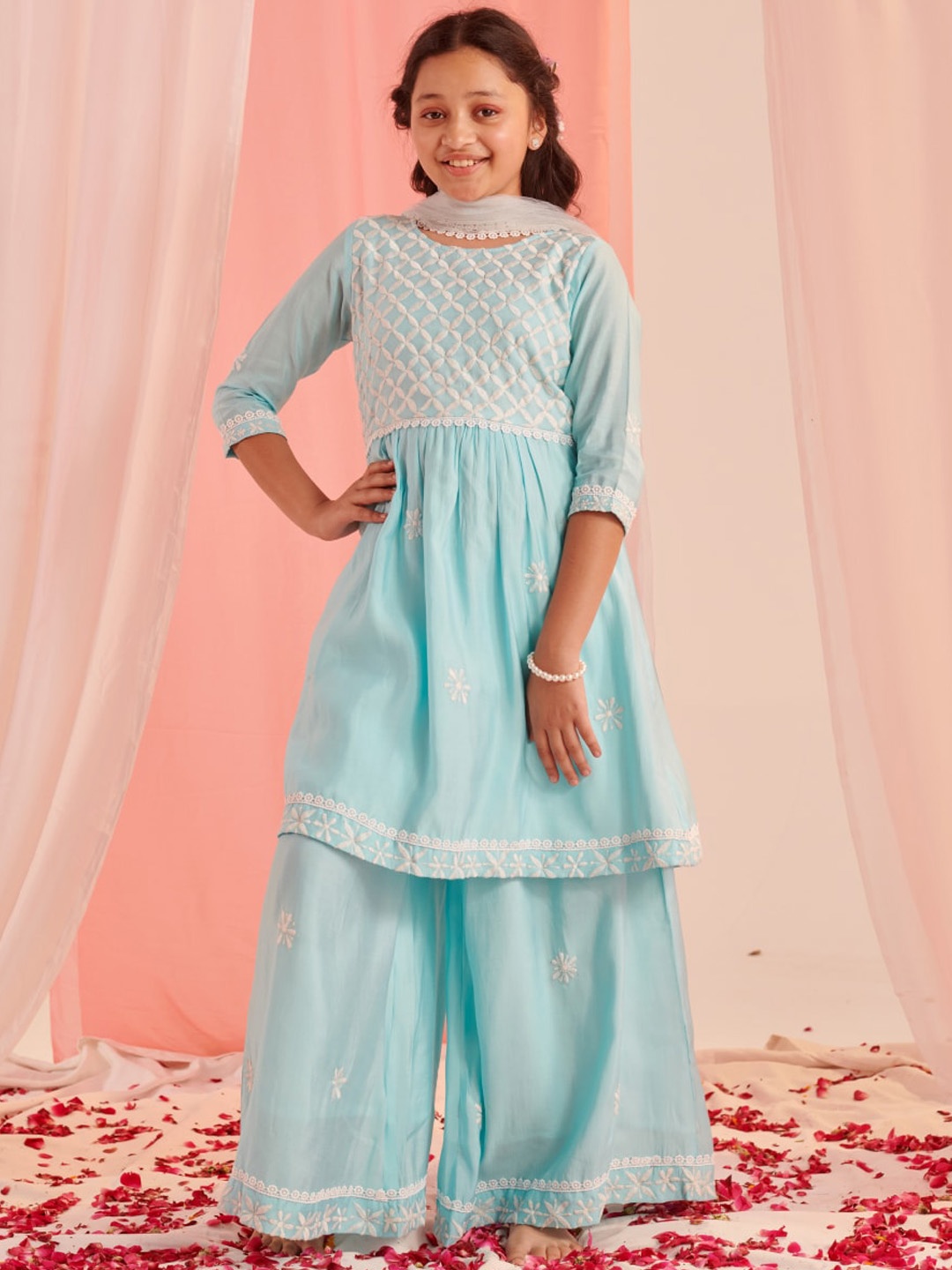 

pspeaches Girls Ethnic Motifs Embroidered Thread Work Kurta with Sharara & Dupatta, Blue