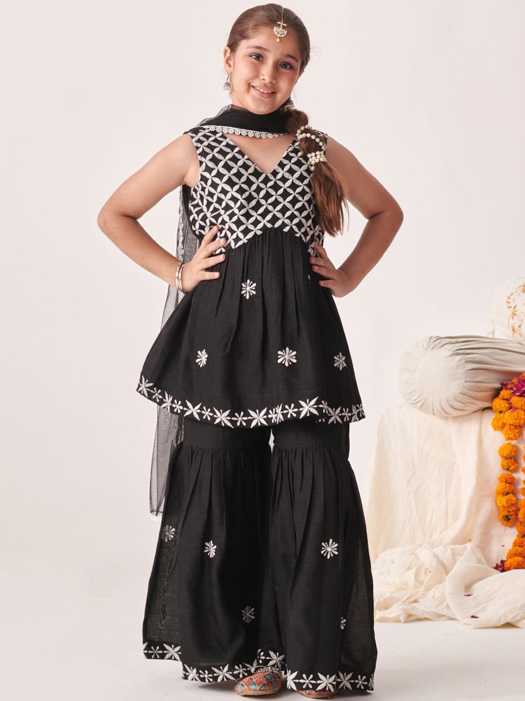 pspeaches Girls Embroidered Empire Kurta Sharara With Dupatta, Black