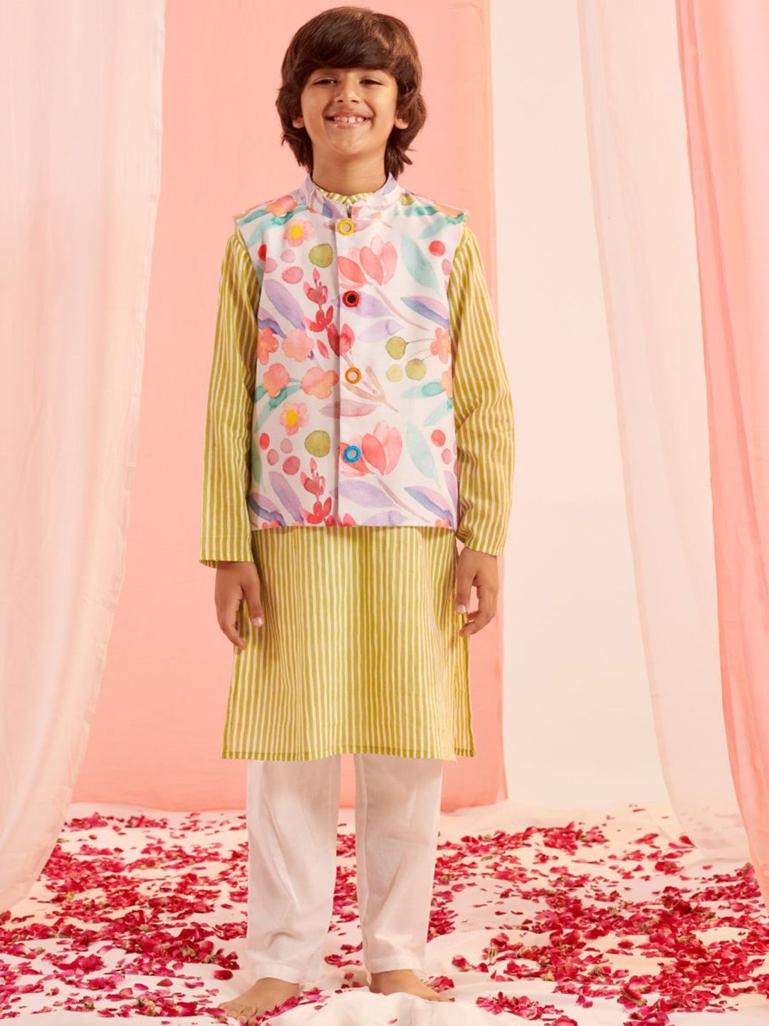 pspeaches Boys Striped Regular Kurta with Pyjamas & Jacket, Yellow