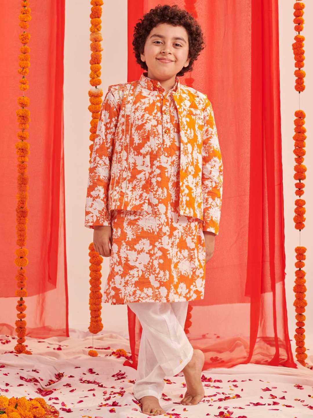 pspeaches Boys Floral Regular Kurta with Pyjamas And Jacket, Orange