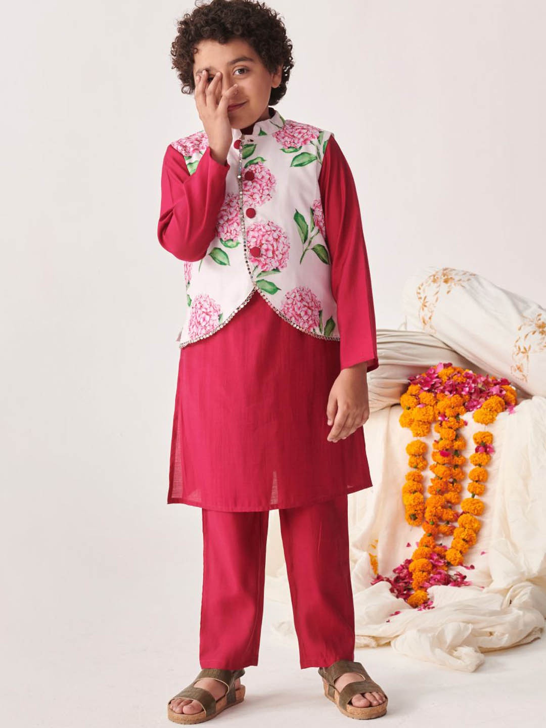 pspeaches Boys Floral Regular Mirror Work Kurta with Pyjamas & Jacket, Burgundy