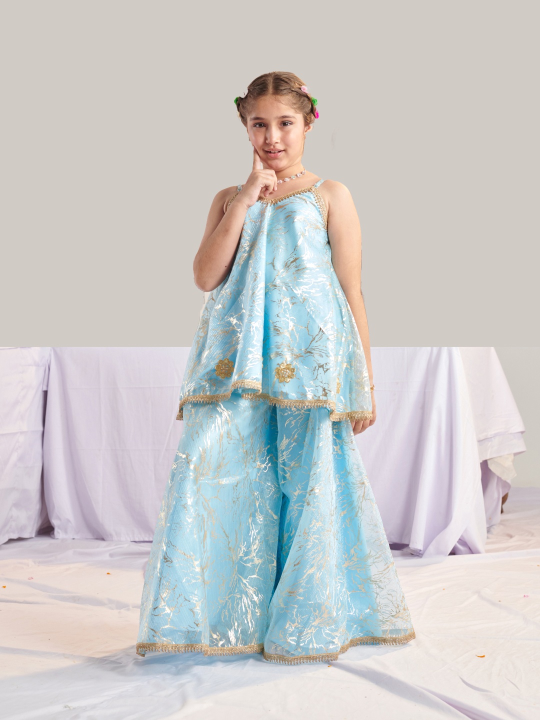 

pspeaches Girls Printed Regular Kurta with Palazzos, Blue