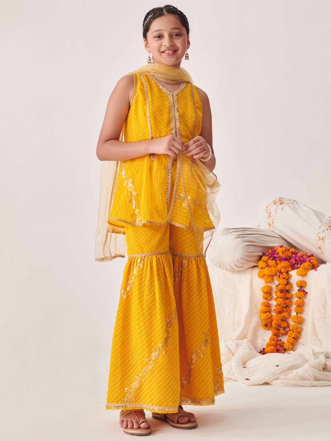 pspeaches Girls Printed Regular Sequinned Kurta Sharara With Dupatta, Yellow