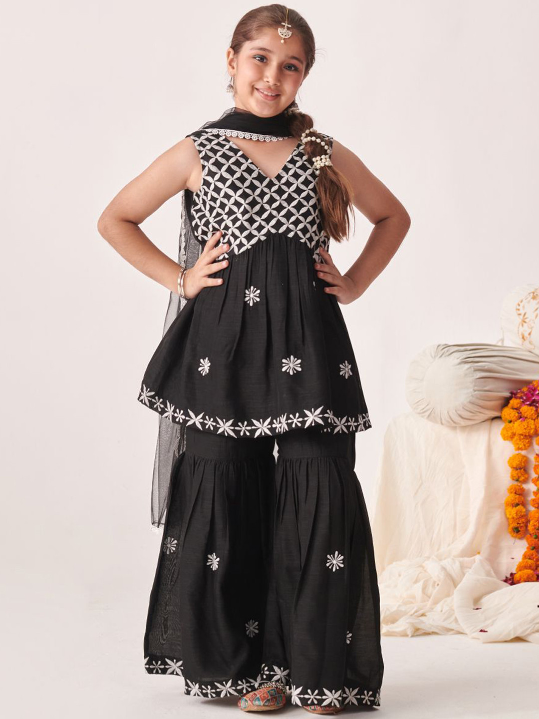 

pspeaches Girls Floral Embroidered Angrakha Kurta with Sharara & With Dupatta, Black