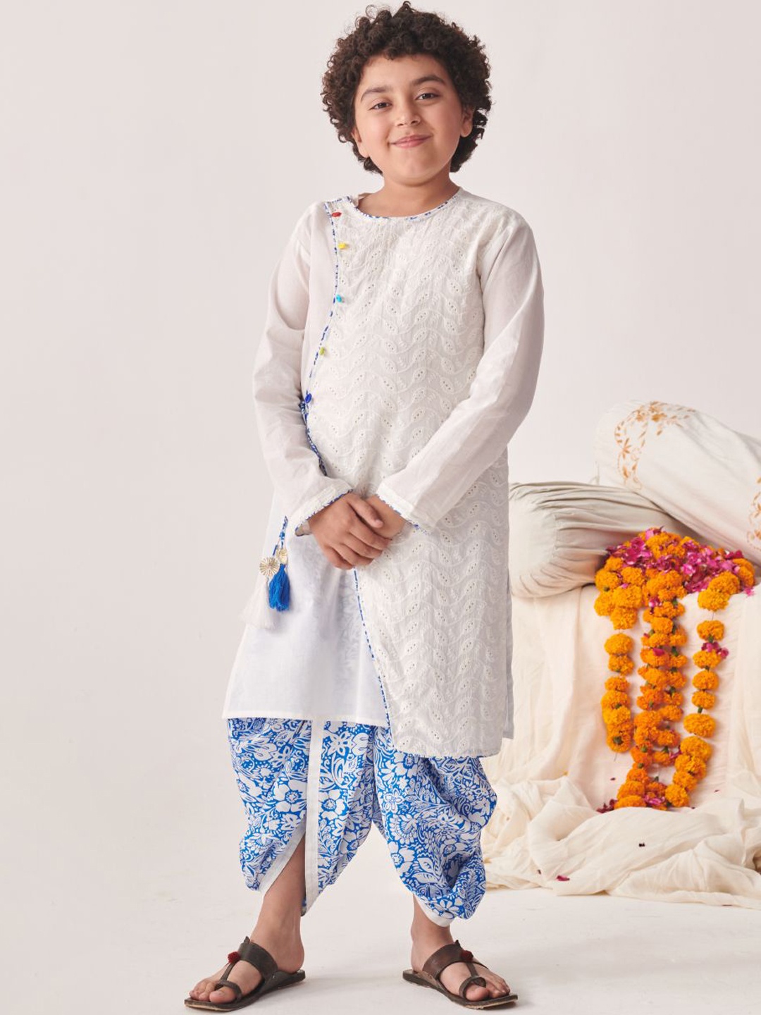 pspeaches Boys Floral Printed Regular Thread Work Kurta with Dhoti Pants, White