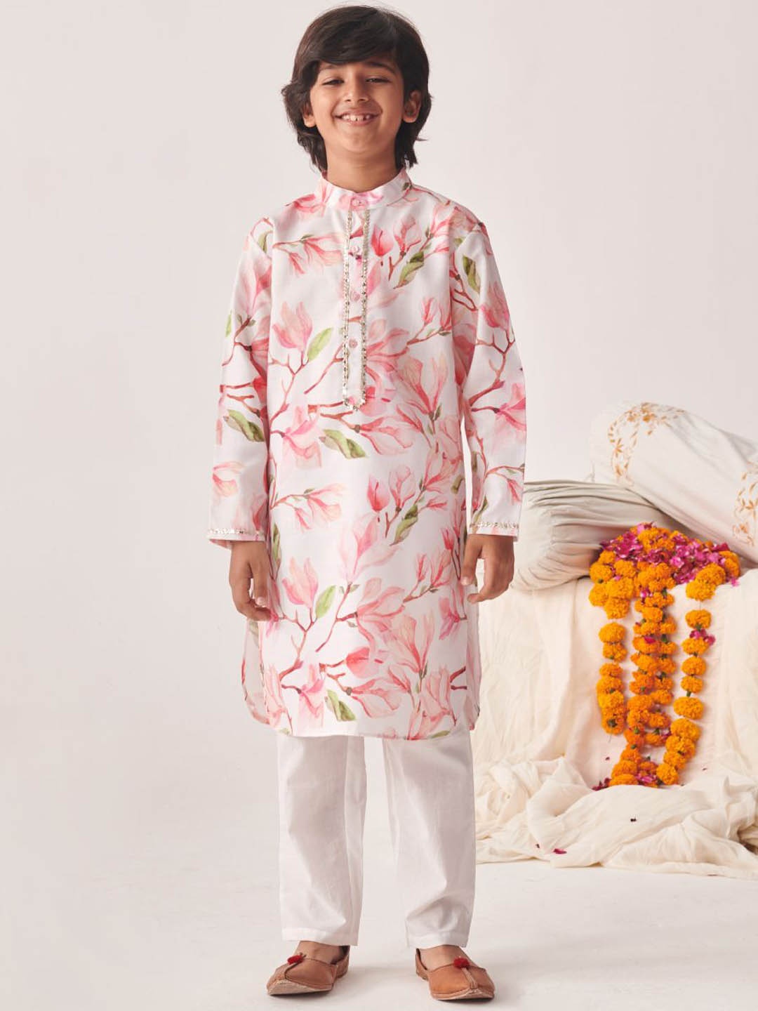 pspeaches Boys Floral Printed Regular Kurta with Pyjamas, Pink