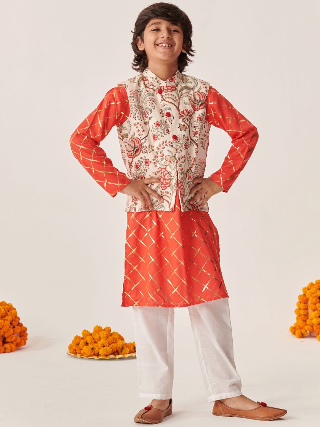 

pspeaches Boys Checked Printed Regular Kurta Pyjamas with Floral Printed Jacket, Orange