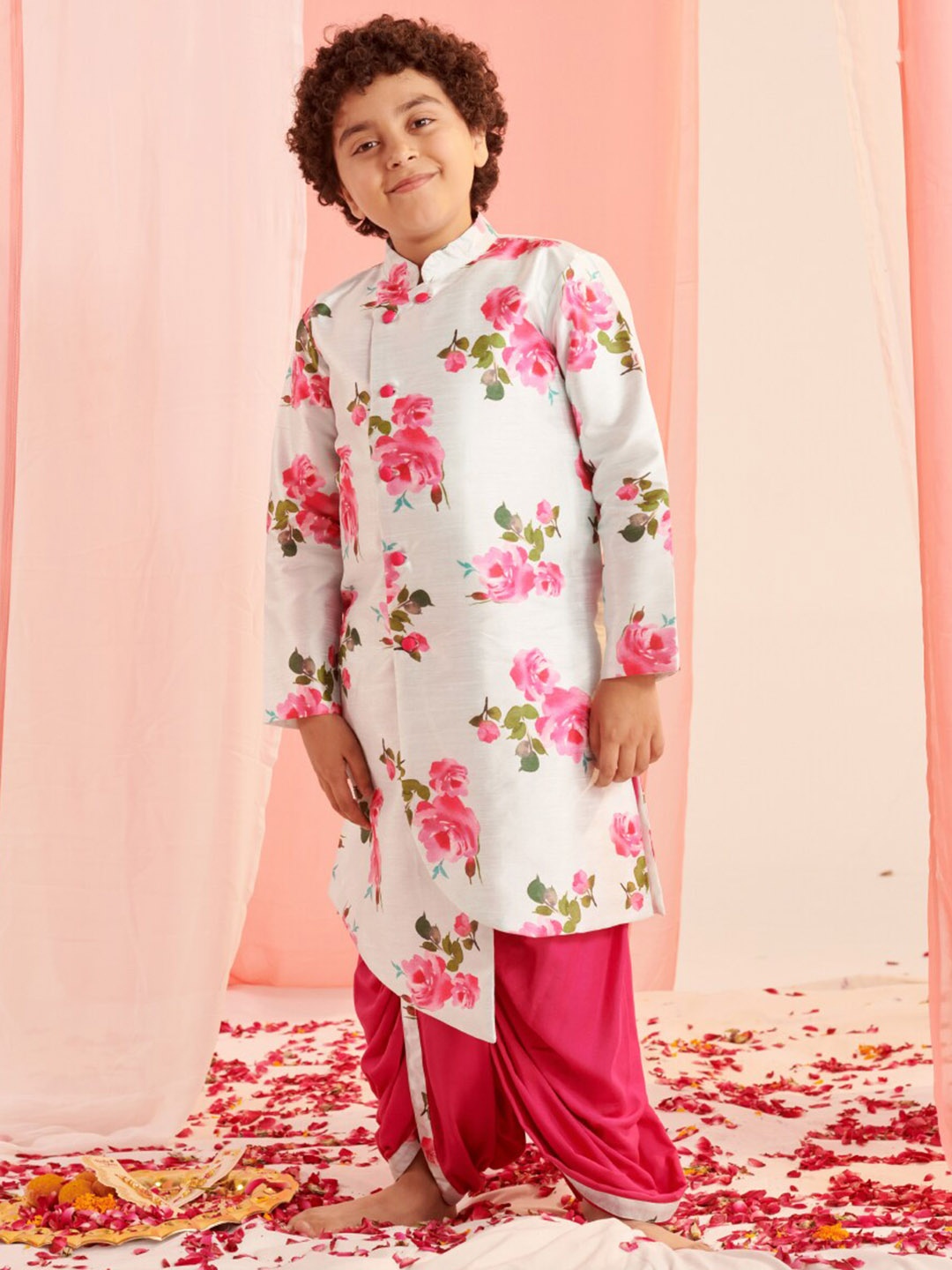 pspeaches Boys Floral Printed Regular Kurta with Dhoti Pants, White
