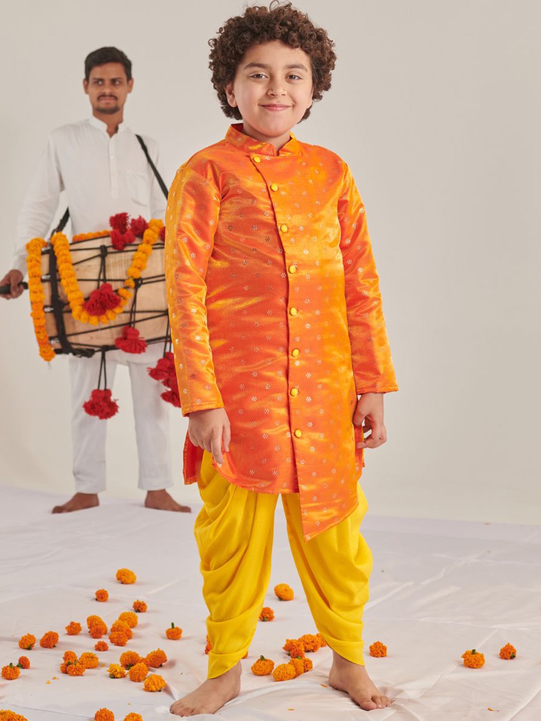 

pspeaches Boys Embroidered Regular Beads and Stones Kurta with Dhoti Pants, Orange
