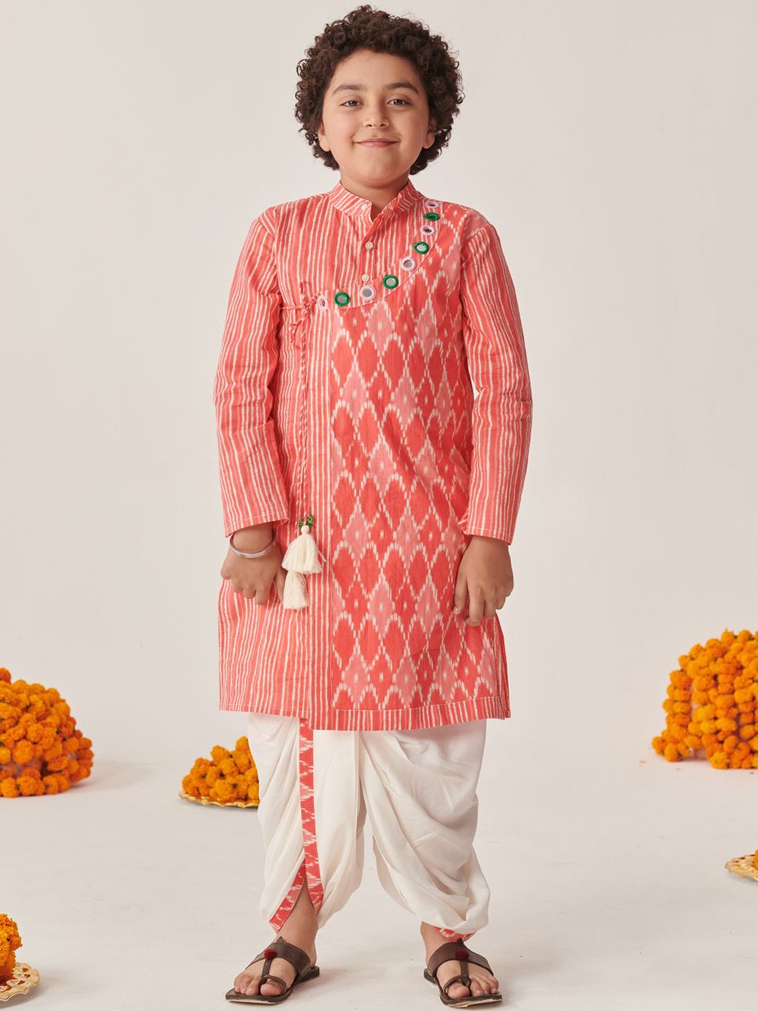 

pspeaches Boys Ethnic Motifs Printed Regular Kurta with Dhoti Pants, Peach