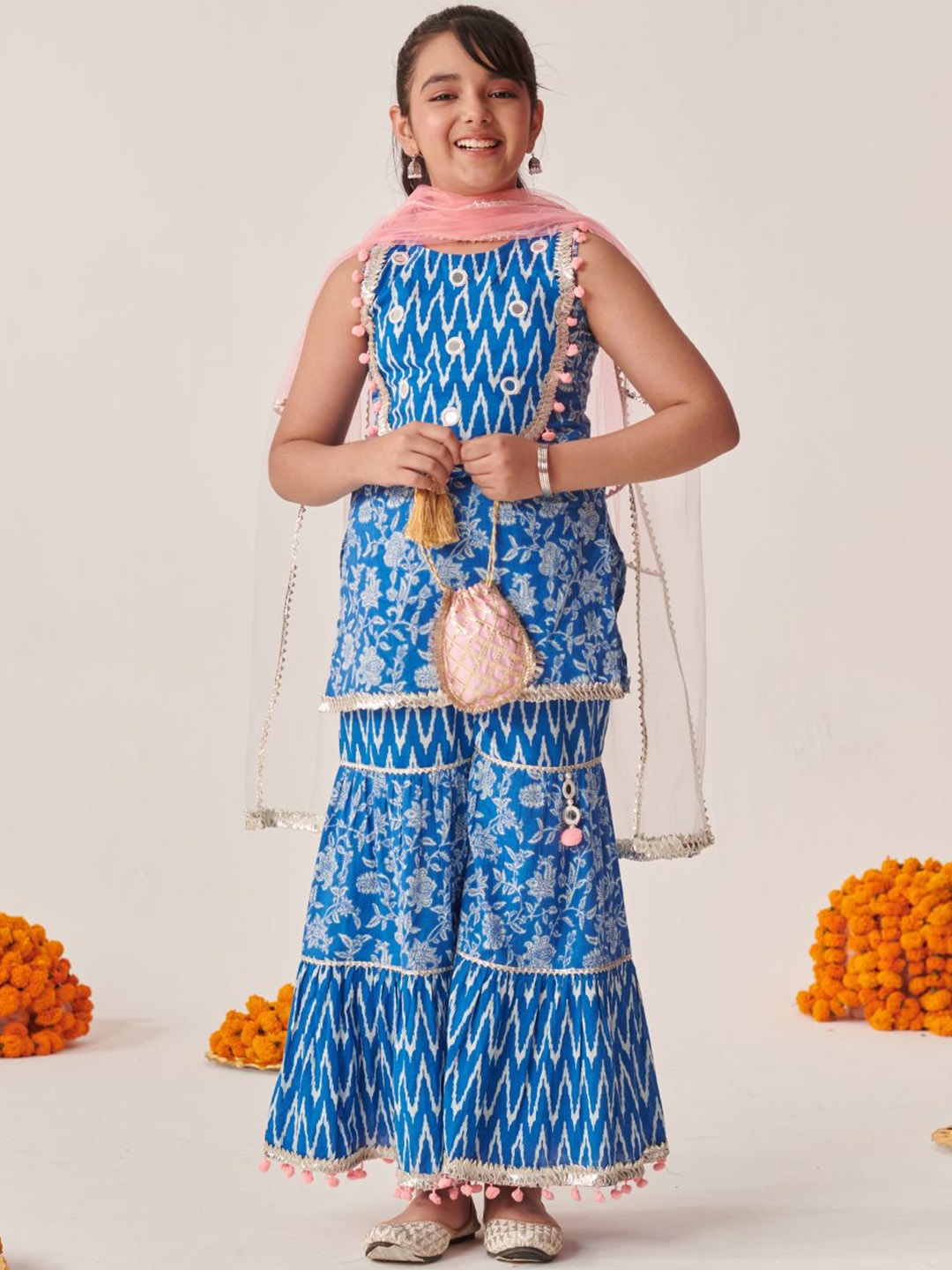 

pspeaches Girls Ethnic Motifs Printed Gotta Patti Kurta Sets With Dupatta, Blue