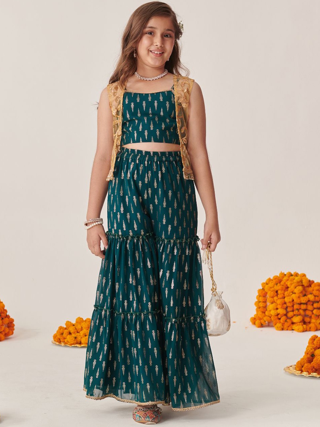 

pspeaches Girls Ethnic Motif Printed Regular Top with Sharara & Jacket, Teal