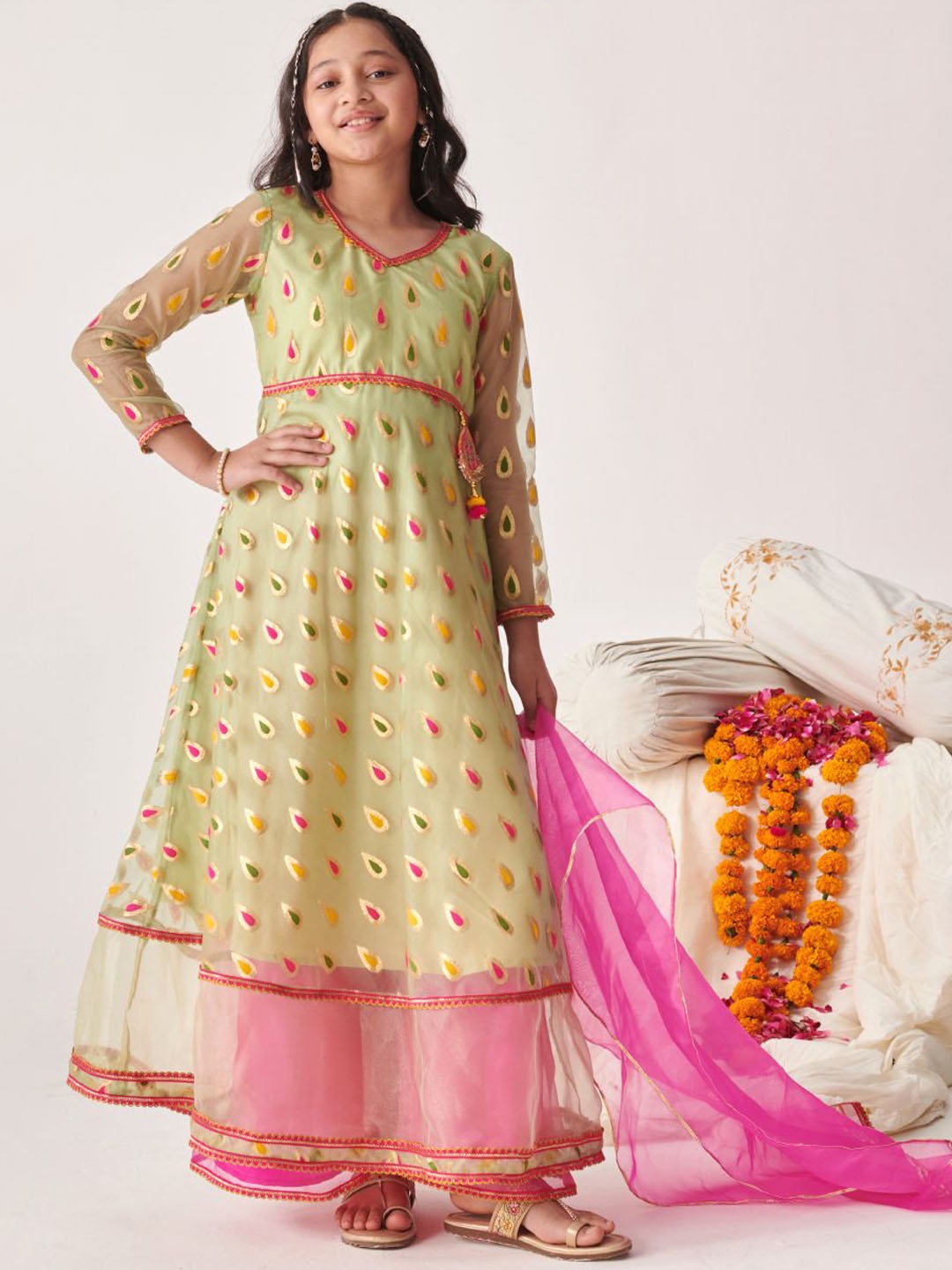 

pspeaches Girls Printed Regular Kurta with Palazzos & With Dupatta, Green