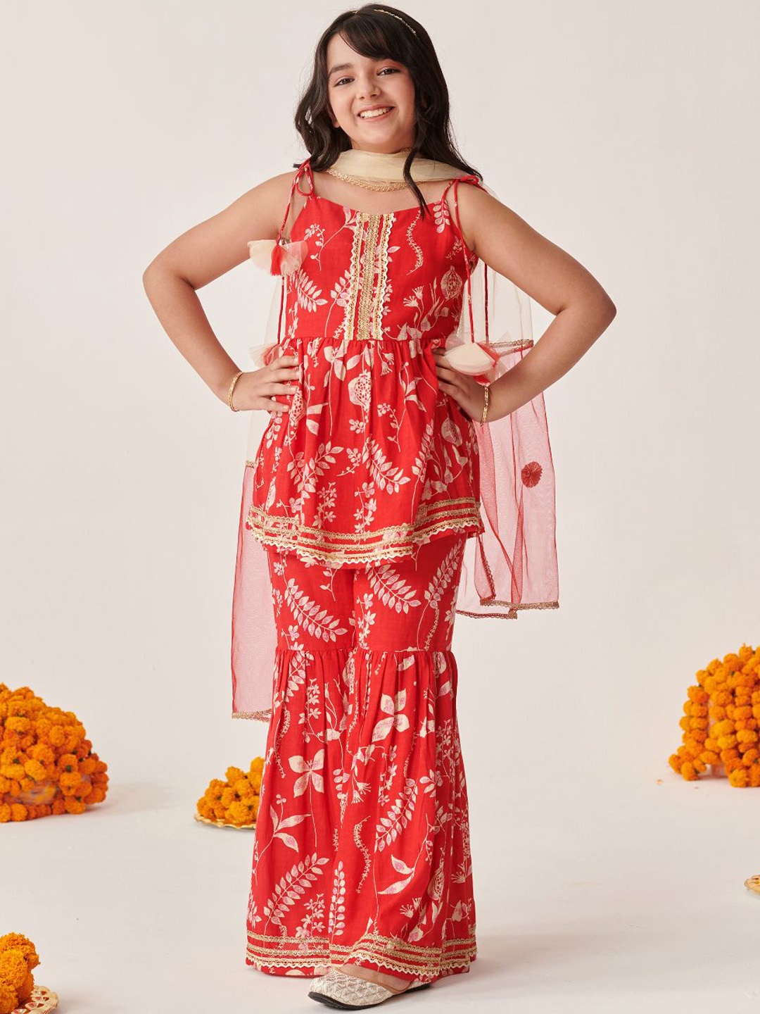 pspeaches Girls Ethnic Motifs Printed Gotta Patti Kurta Sets With Dupatta, Red