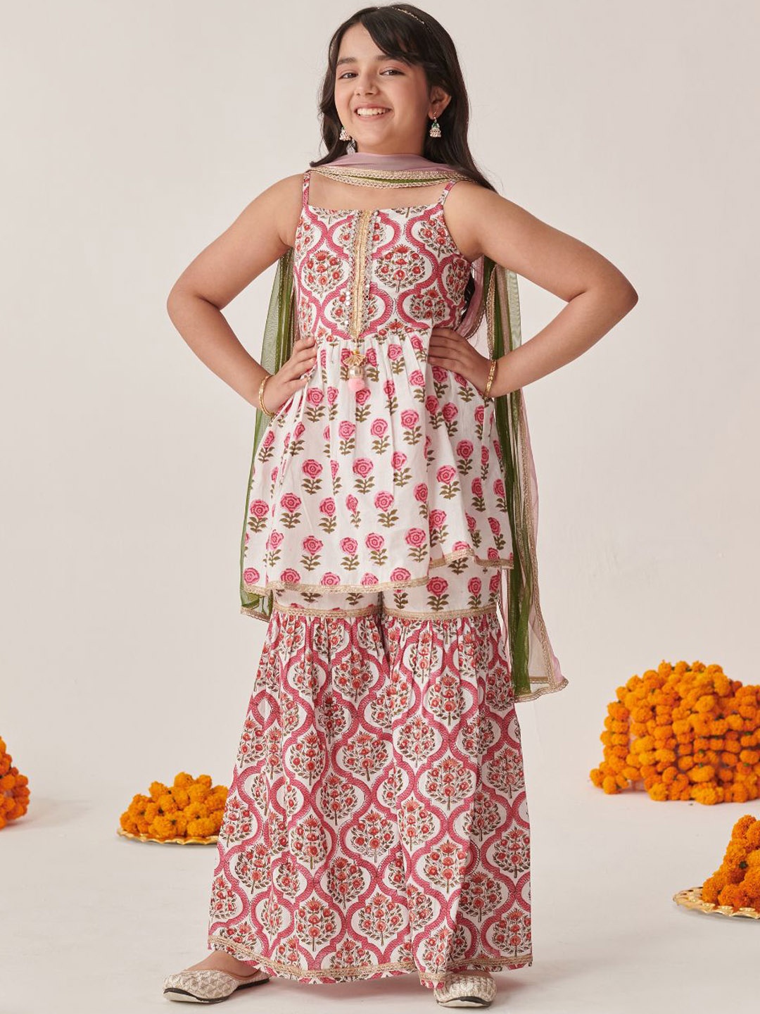 

pspeaches Girls Floral Printed Pleated Mirror Work Kurta with Sharara & Dupatta, Magenta