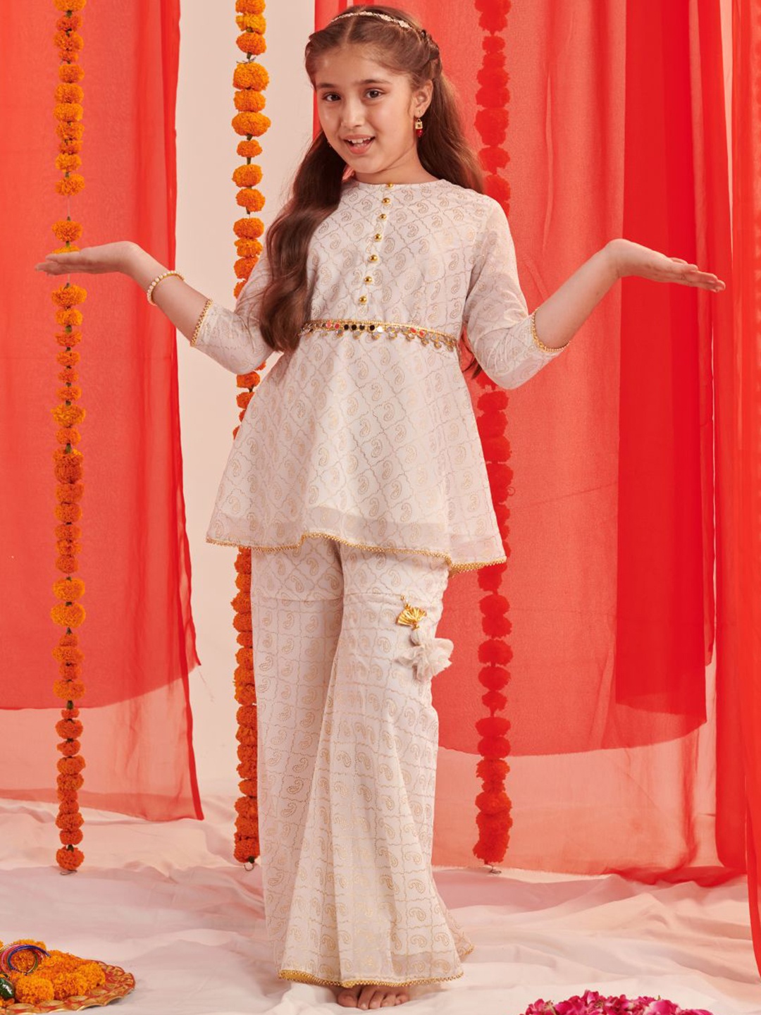 

pspeaches Girls Printed Empire Gotta Patti Kurta with Sharara, White