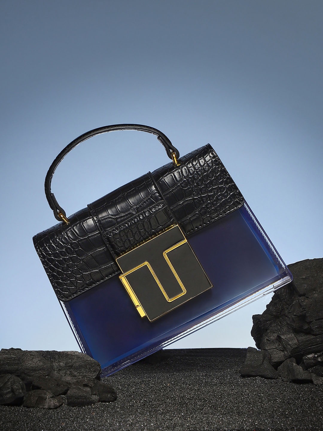 

HAUTE SAUCE by Campus Sutra Leather Structured Handheld Bag with Applique, Black
