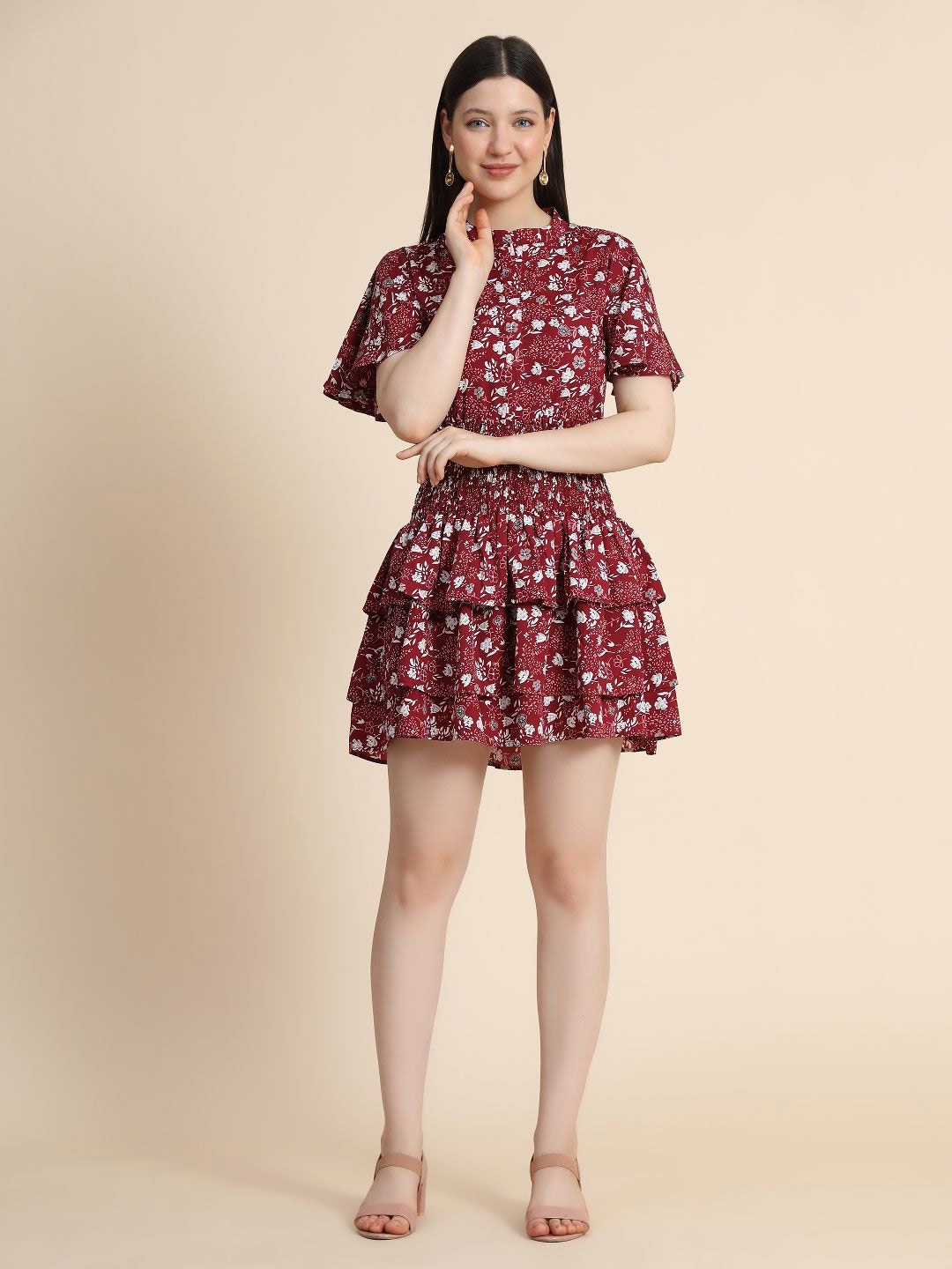 

TOOCHKI Floral Printed Layered Fit & Flare Mini Dress, Maroon