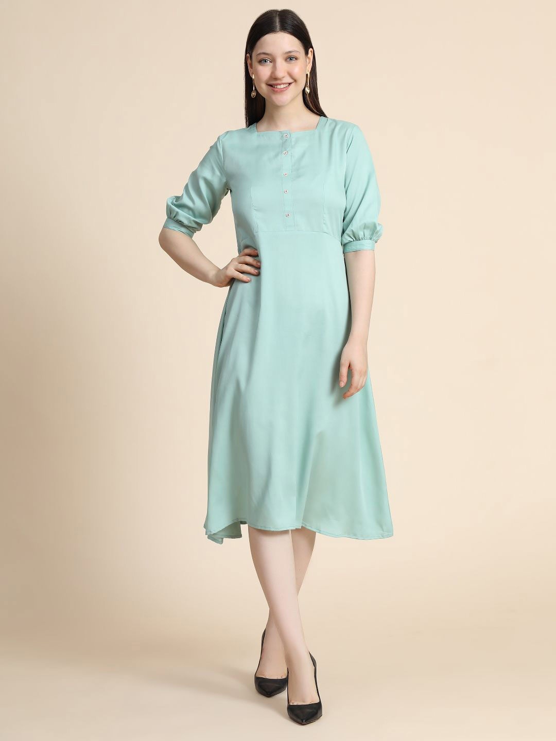 TOOCHKI Puff Sleeve A-Line Midi Dress, Sea green