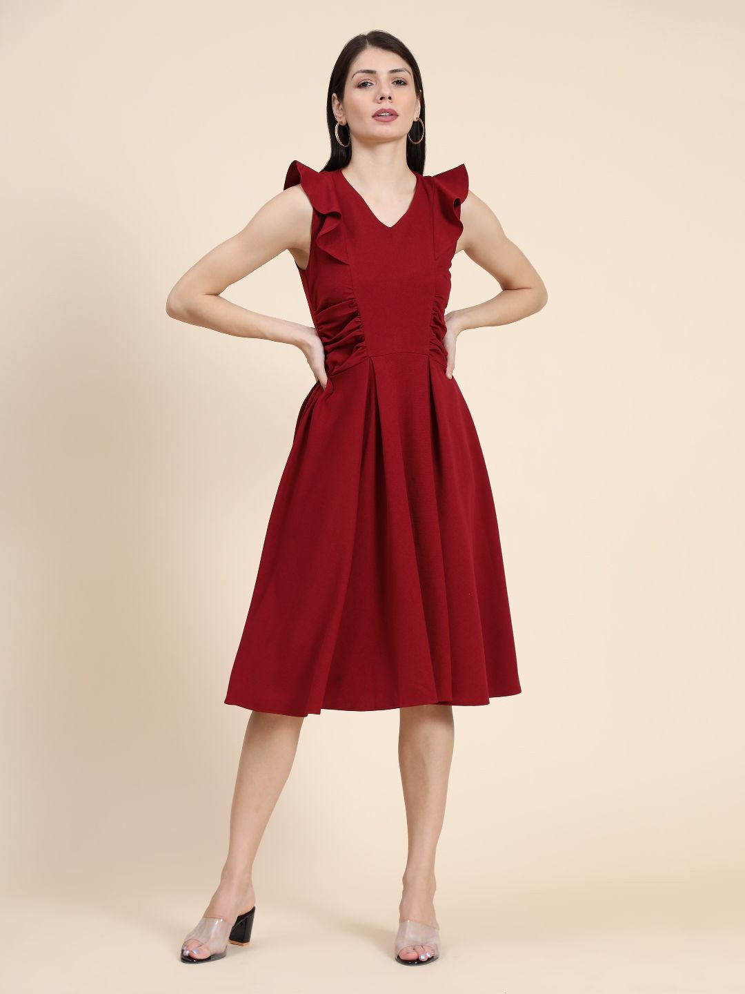 

TOOCHKI V Neck Fit & Flare Midi Dress, Maroon