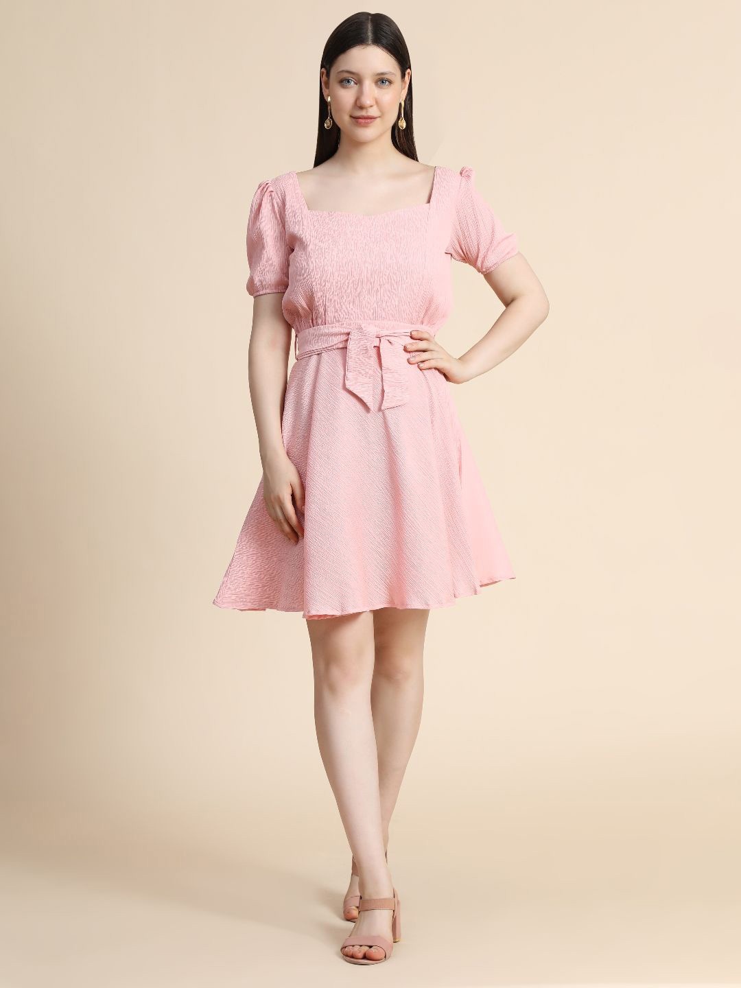 

TOOCHKI Square Neck Puff Sleeve Fit & Flare Dress, Peach