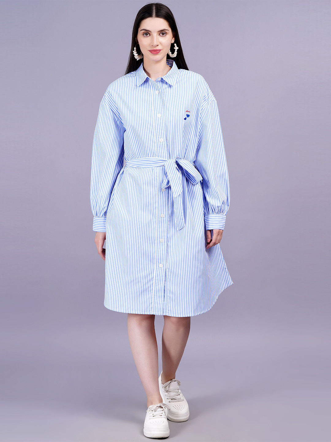 

MINGLAY Striped Shirt Midi Dress, Blue