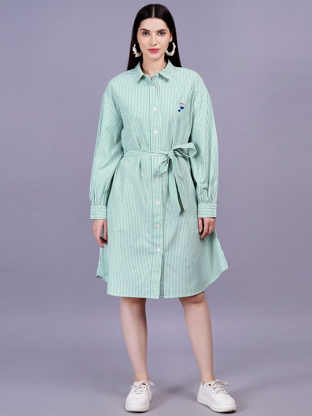 

MINGLAY Striped Cuffed Sleeves Shirt Dress with Tie-up Detail, Green