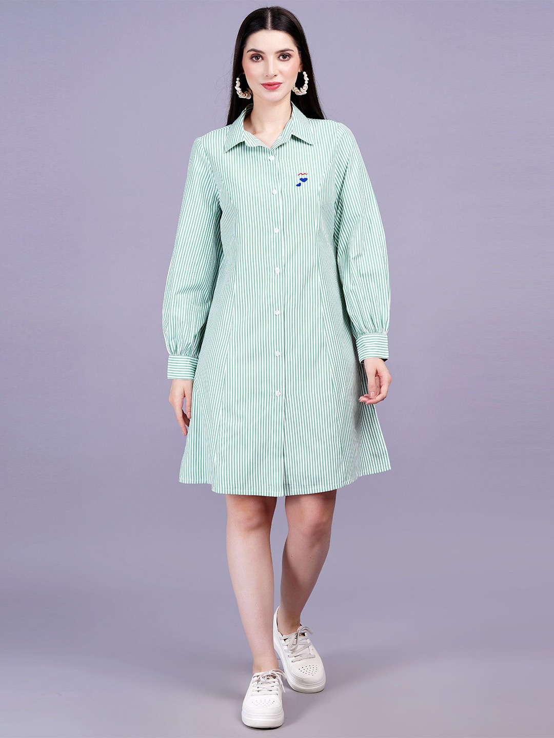 

MINGLAY Striped Cuffed Sleeve Shirt Dress, Green