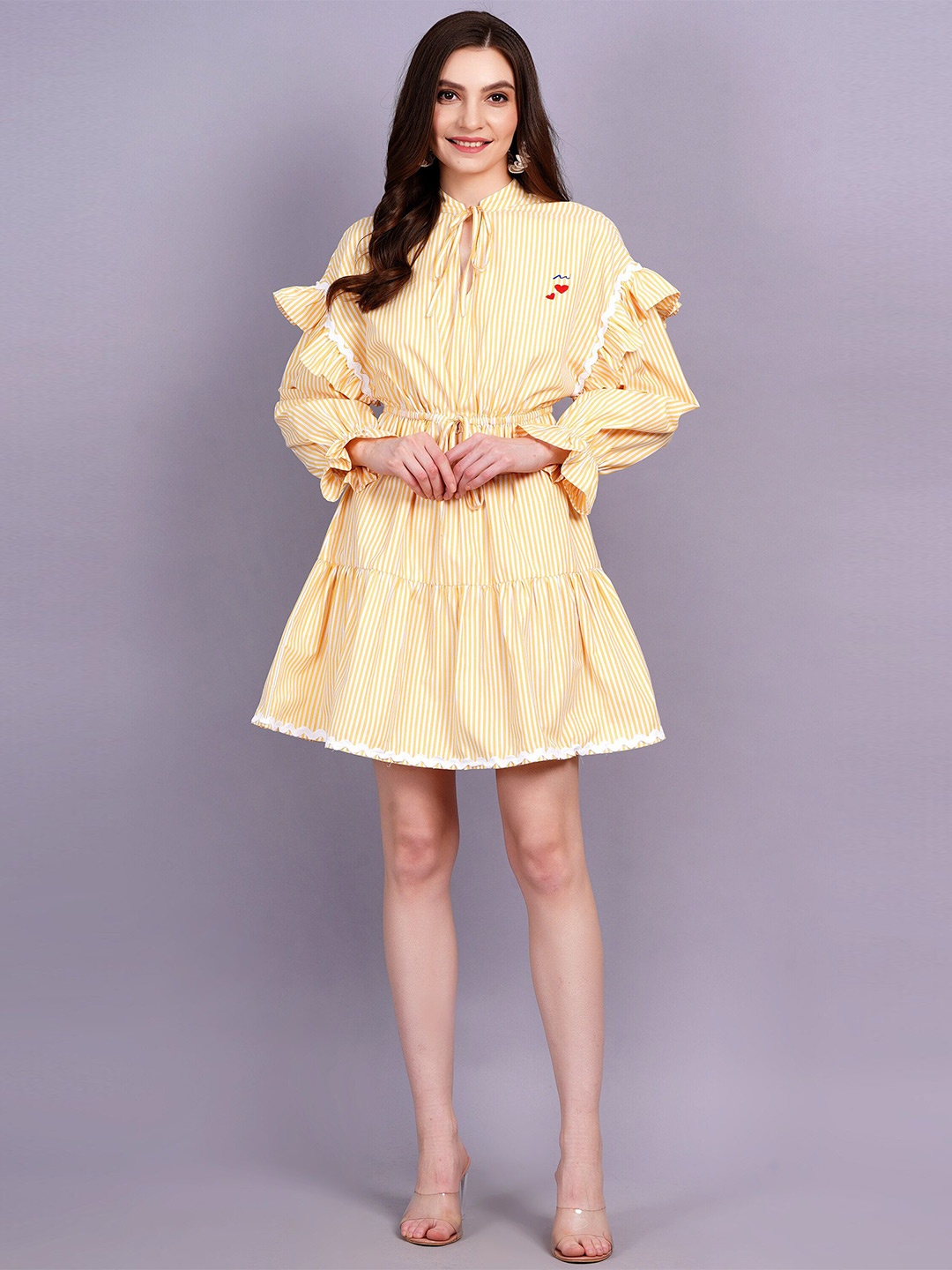 

MINGLAY Floral Tie-Up Neck Bell Sleeve Fit & Flare Dress, Yellow