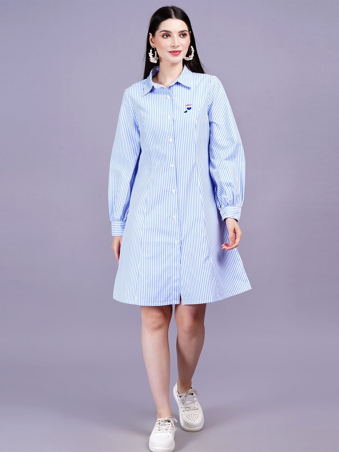 

MINGLAY Striped Cuffed Sleeve Shirt Dress, Blue