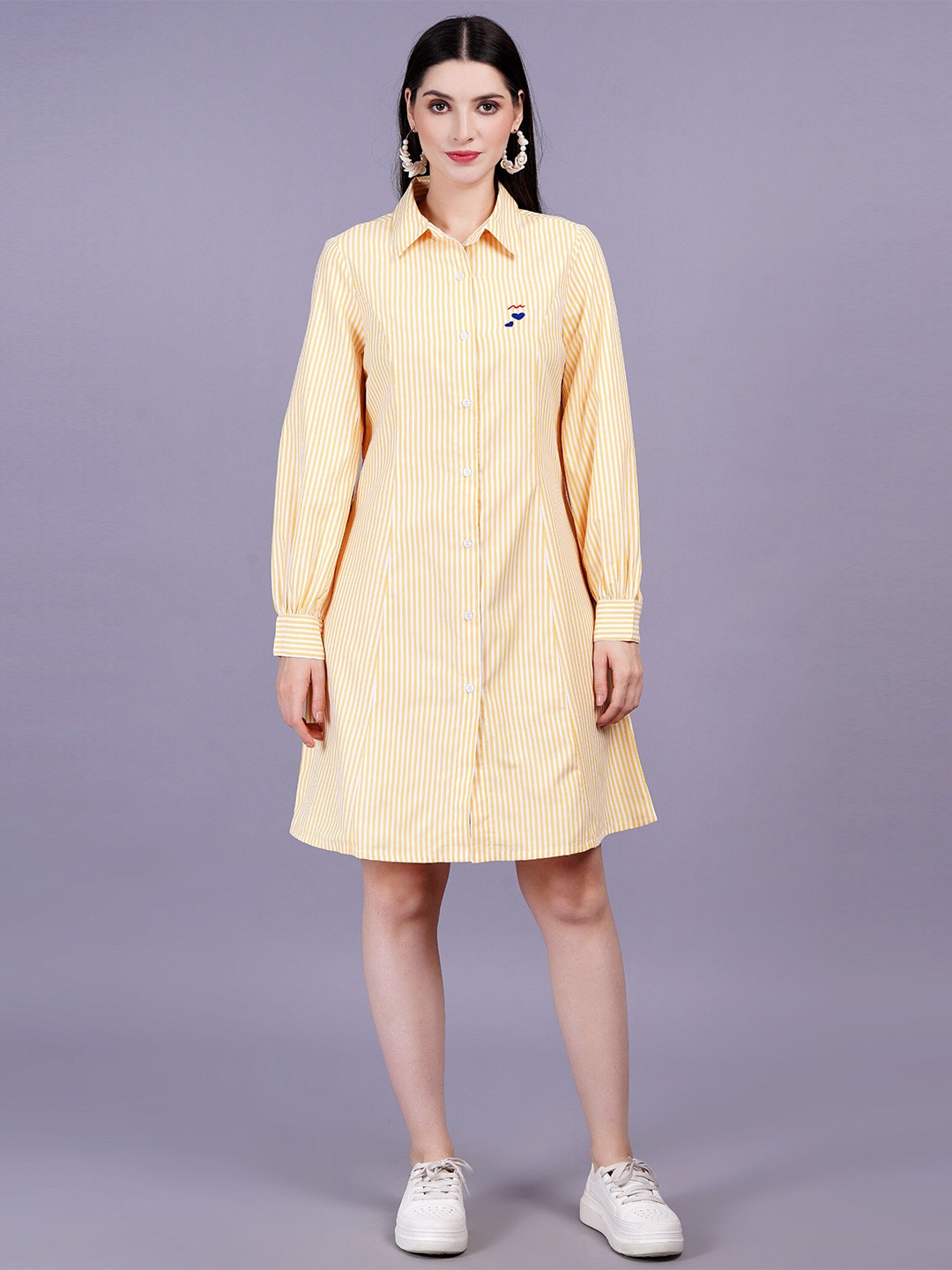 

MINGLAY Striped Cuffed Sleeves Shirt Dress, Yellow