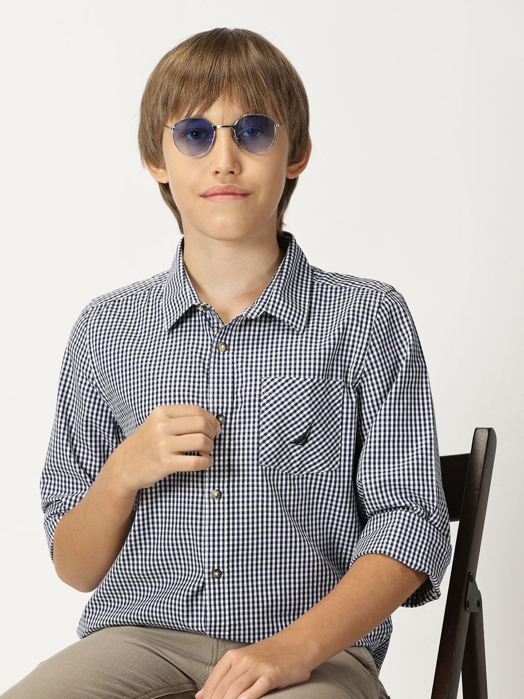 

Nautica Boys Premium Gingham Checks Opaque Checked Casual Shirt, Blue