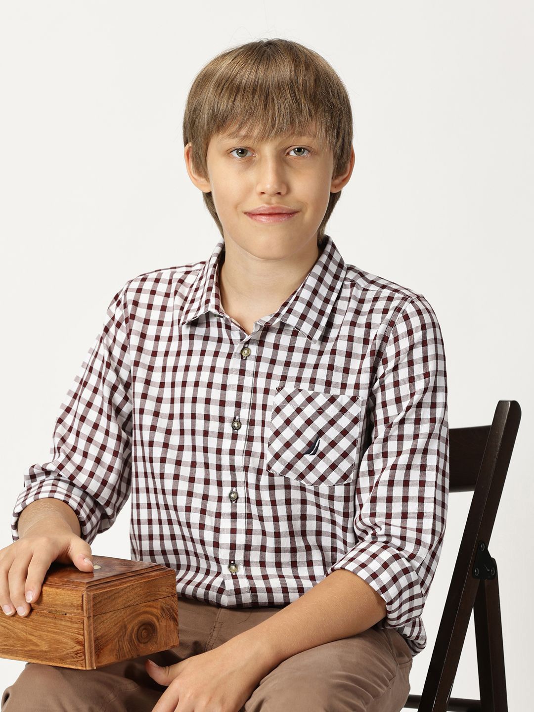 Nautica Boys Premium Opaque Checked Casual Shirt, Maroon