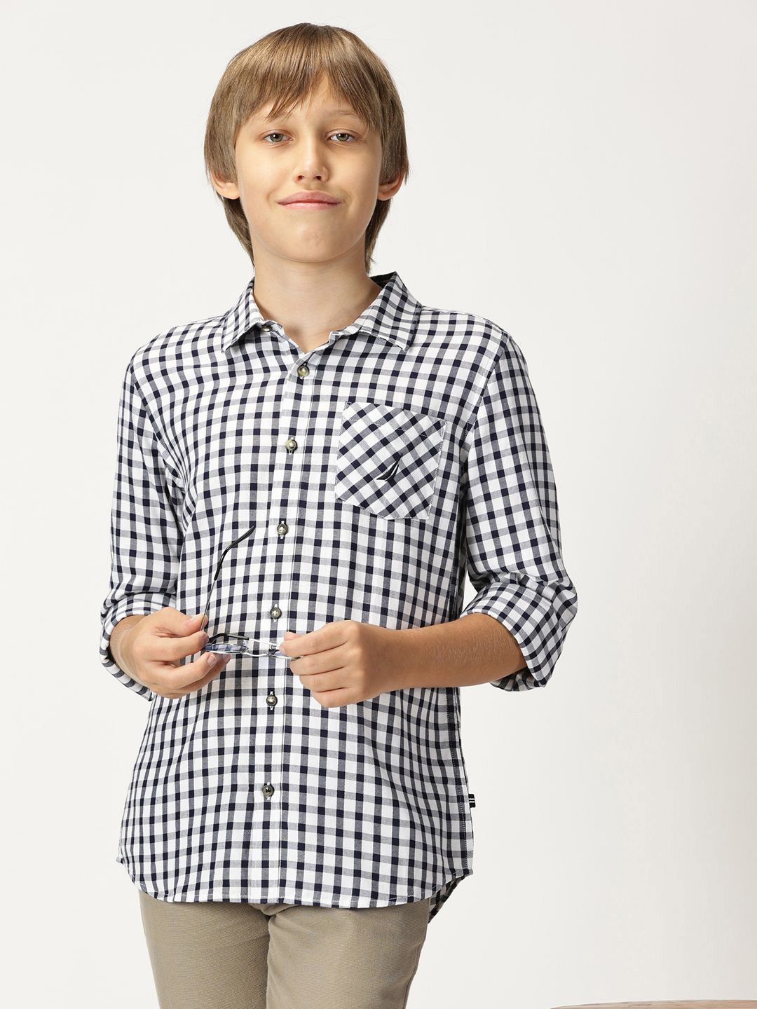 

Nautica Boys Premium Gingham Checks Opaque Checked Casual Shirt, Navy blue