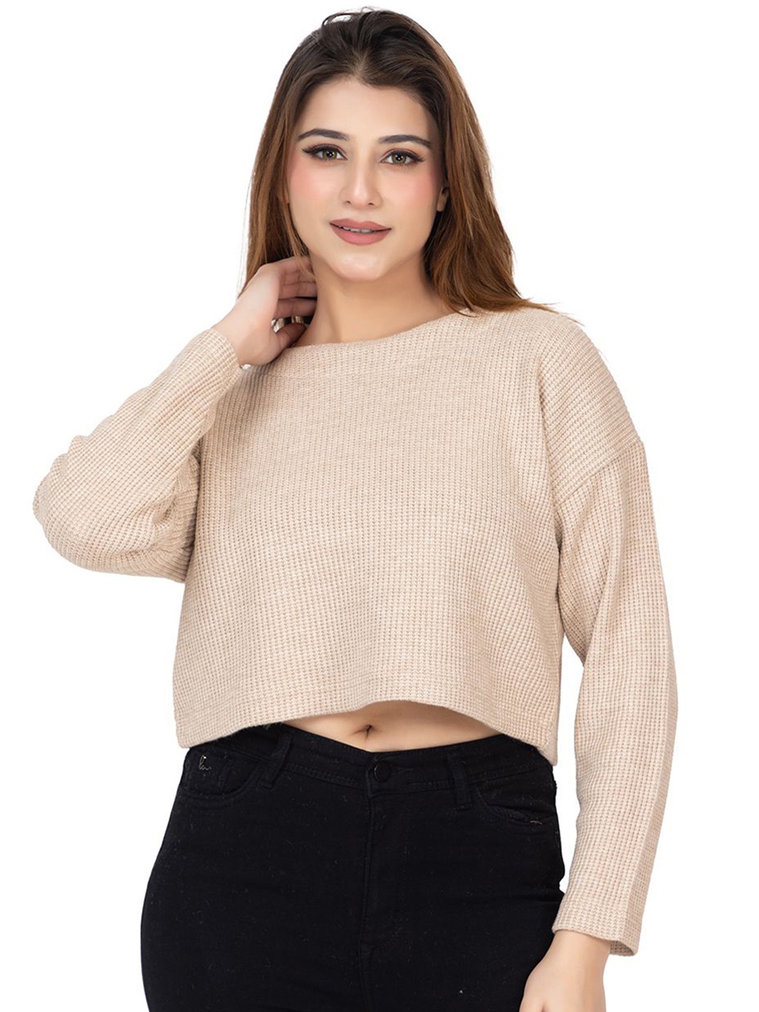 

TWENTY ME Woollen Round Neck Boxy Top, Beige