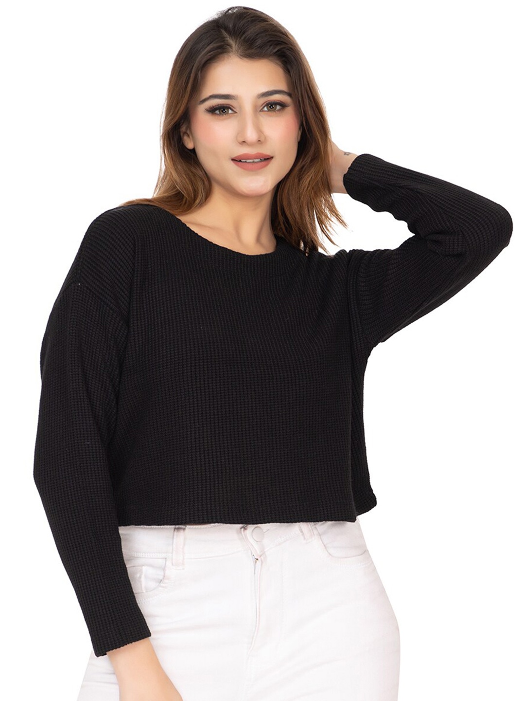 

TWENTY ME Woollen Round Neck Boxy Top, Black