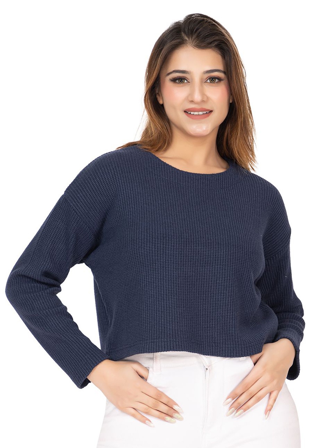 

TWENTY ME Woollen Round Neck Boxy Top, Blue
