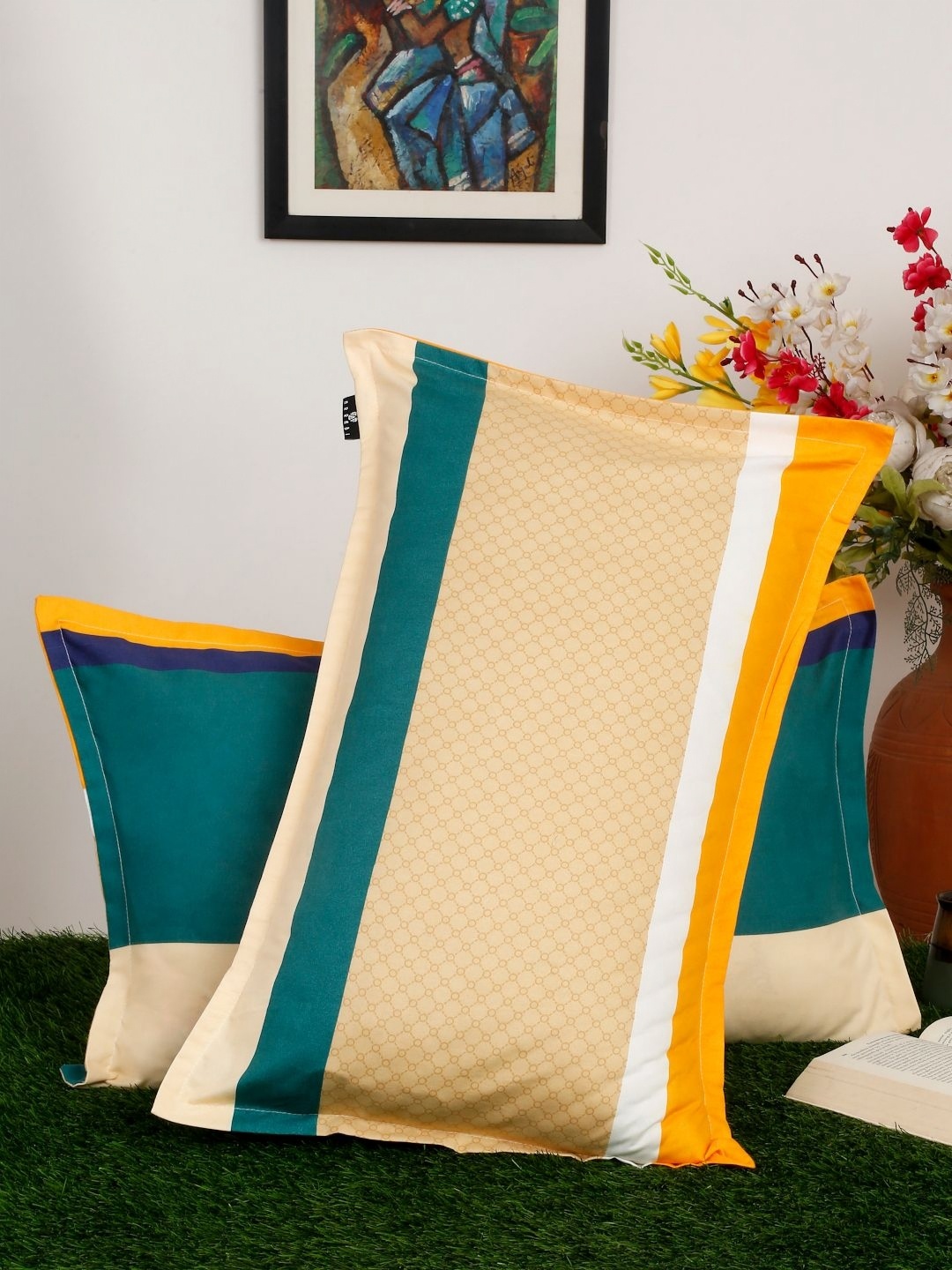 Arrabi Teal & Orange 2 Pieces Self Design Linen Rectangle Pillow Covers