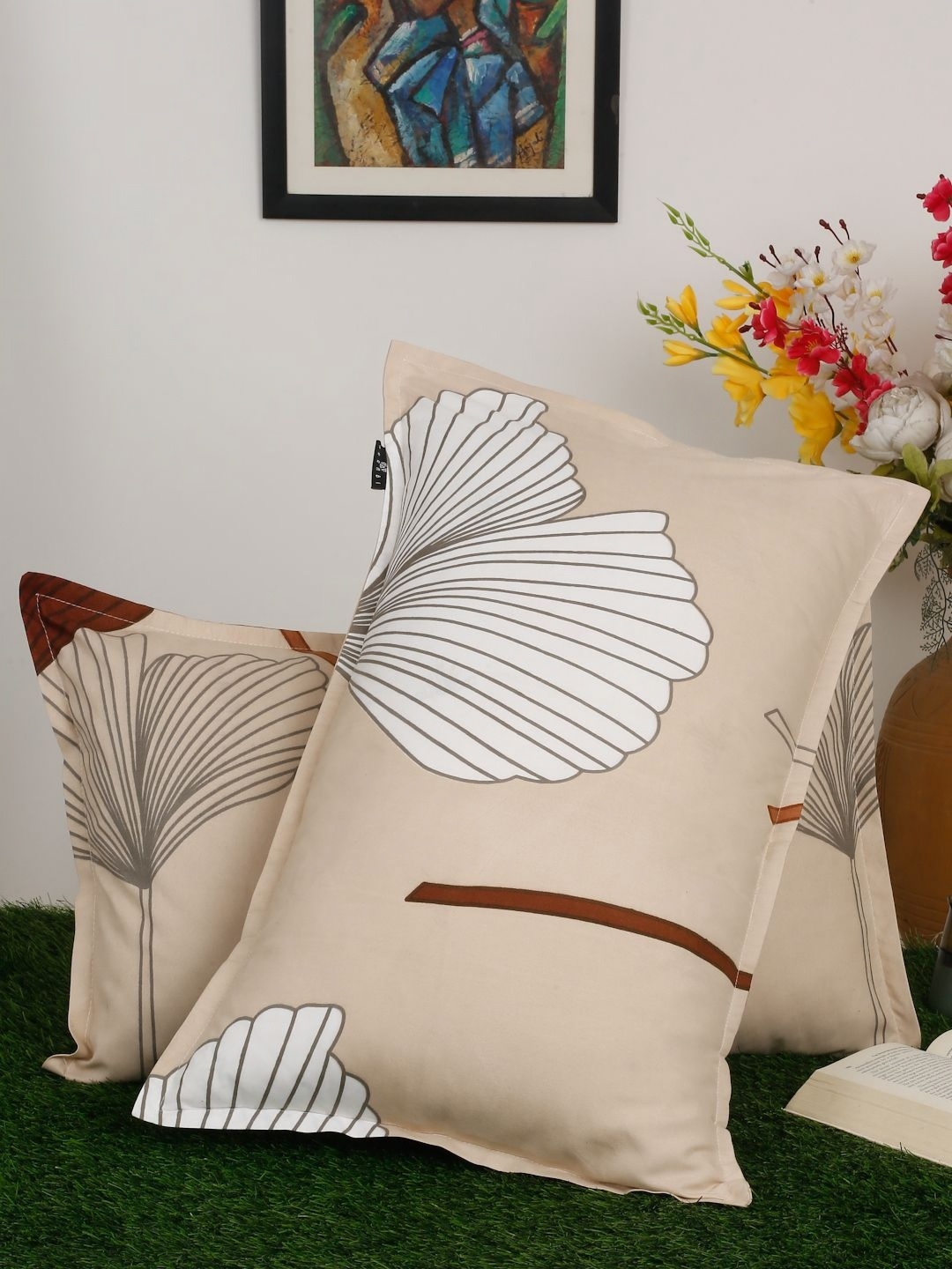 Arrabi Brown & White 2 Pieces Abstract Linen Rectangle Pillow Covers