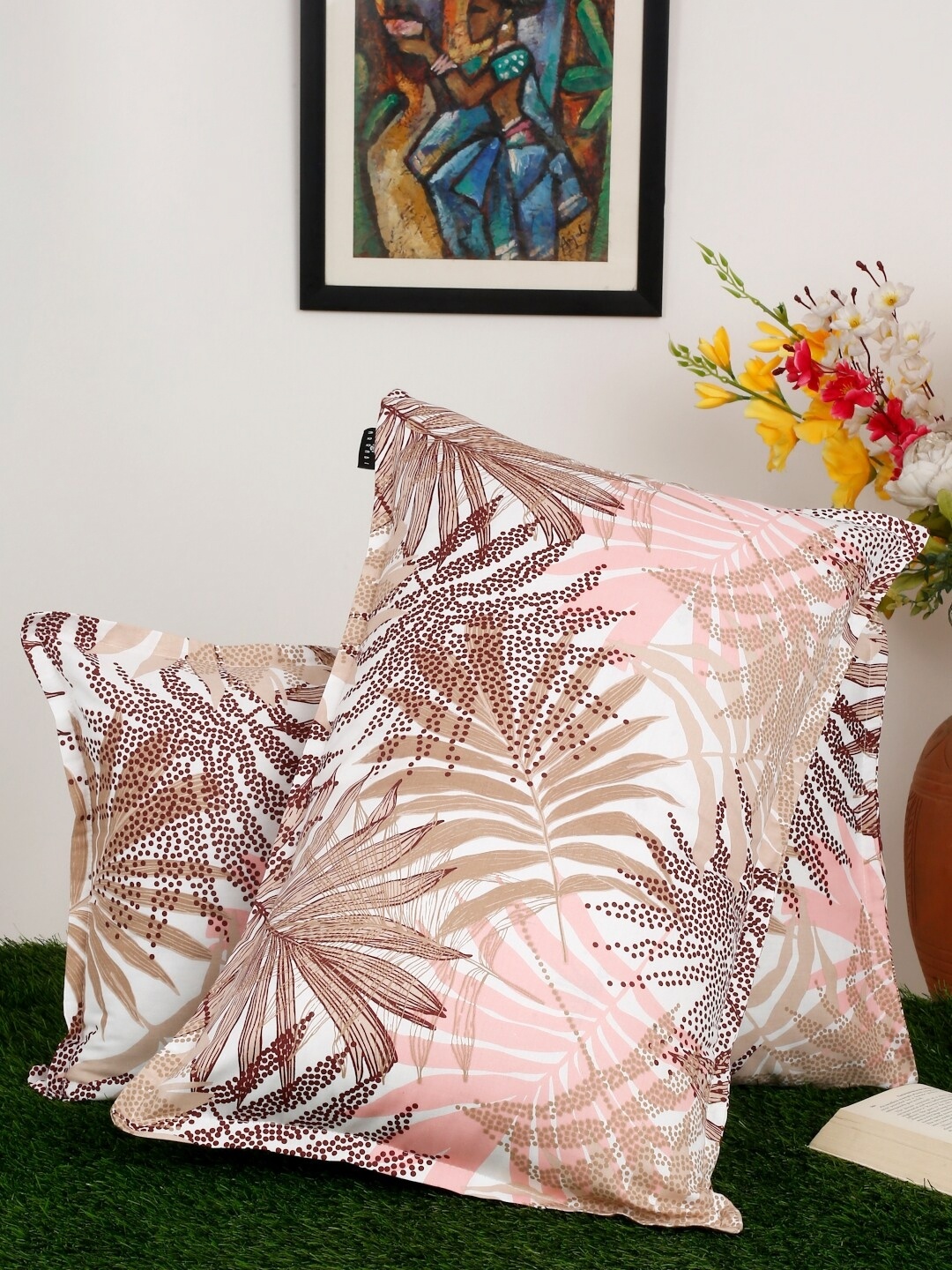 Arrabi Pink & Brown 2 Pieces Abstract Pure Cotton Rectangle Pillow Covers