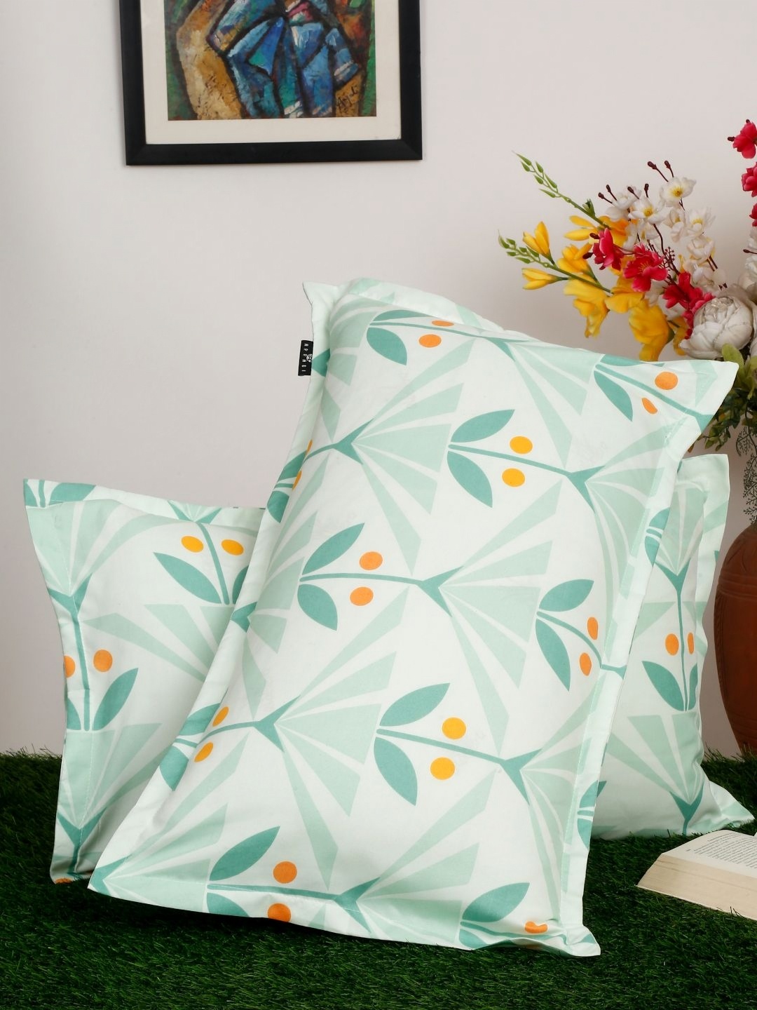 Arrabi Green & Orange 2 Pieces Abstract Linen Rectangle Pillow Covers