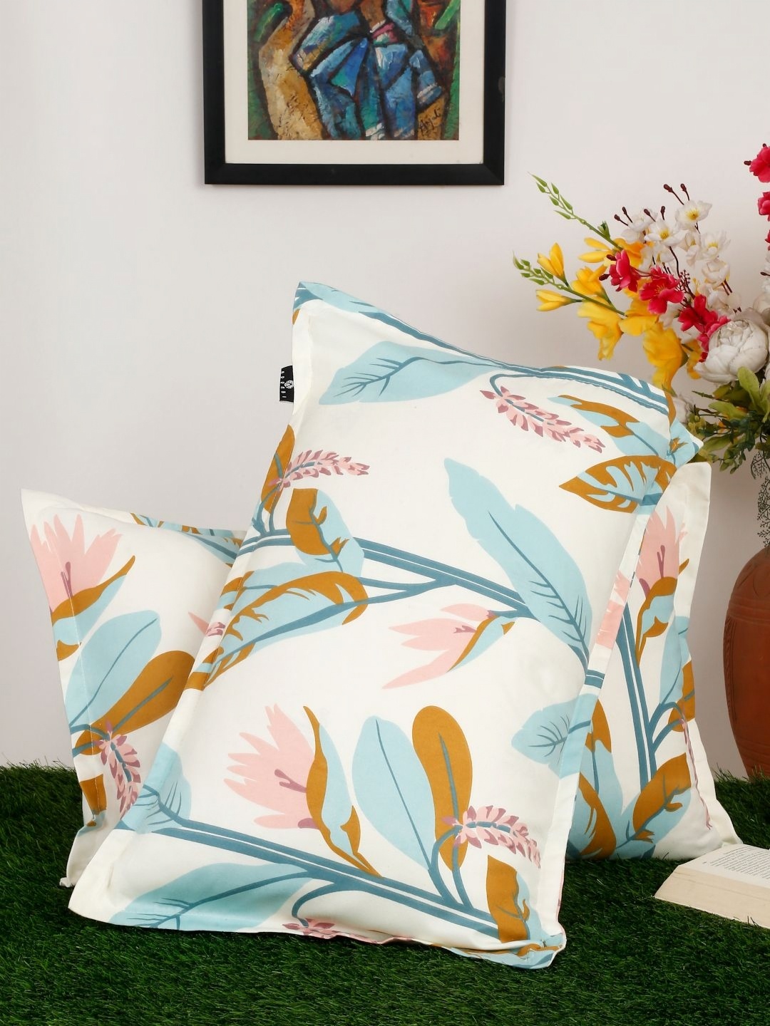 

Arrabi White & Blue 2 Pieces Abstract Linen Rectangle Pillow Covers