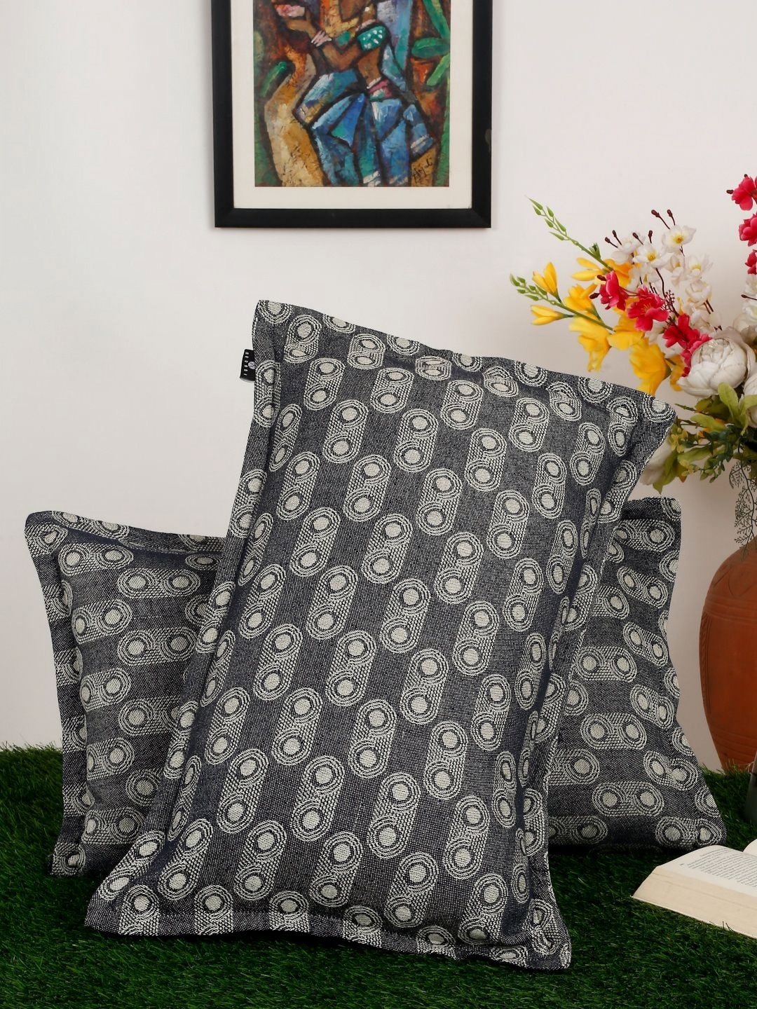 Arrabi Grey & Beige 2 Pieces Abstract Pure Cotton Rectangle Pillow Covers