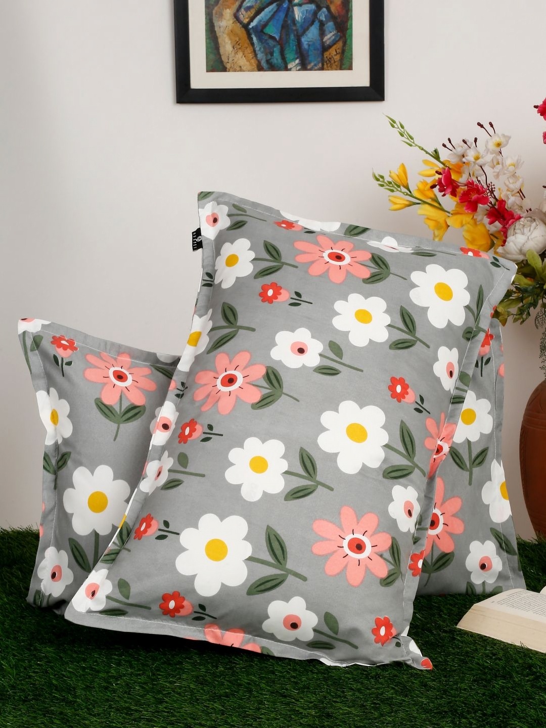 

Arrabi Grey 2 Pieces Abstract Linen Rectangle Pillow Covers