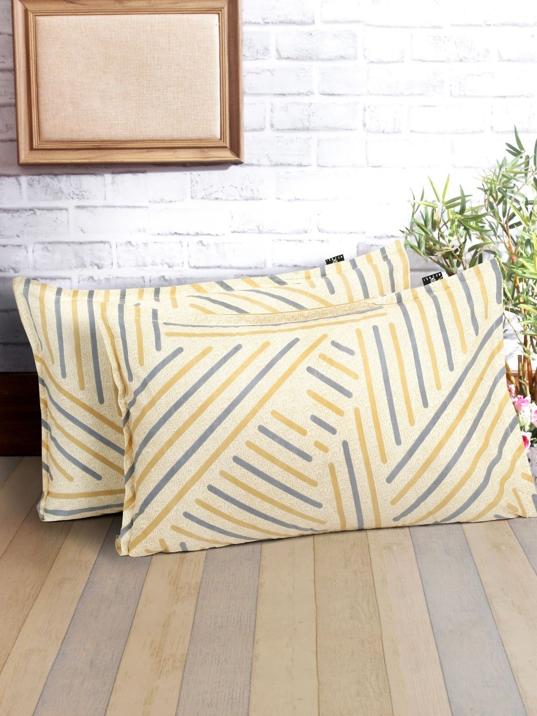 Arrabi Beige & Grey 2 Pieces Striped Linen Rectangle Pillow Covers