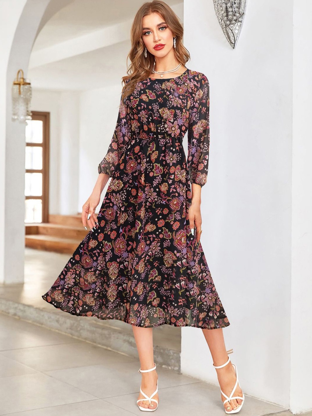 KERI PERRY Printed Ruffled Georgette Round Neck Fit & Flare Midi Dress, Black
