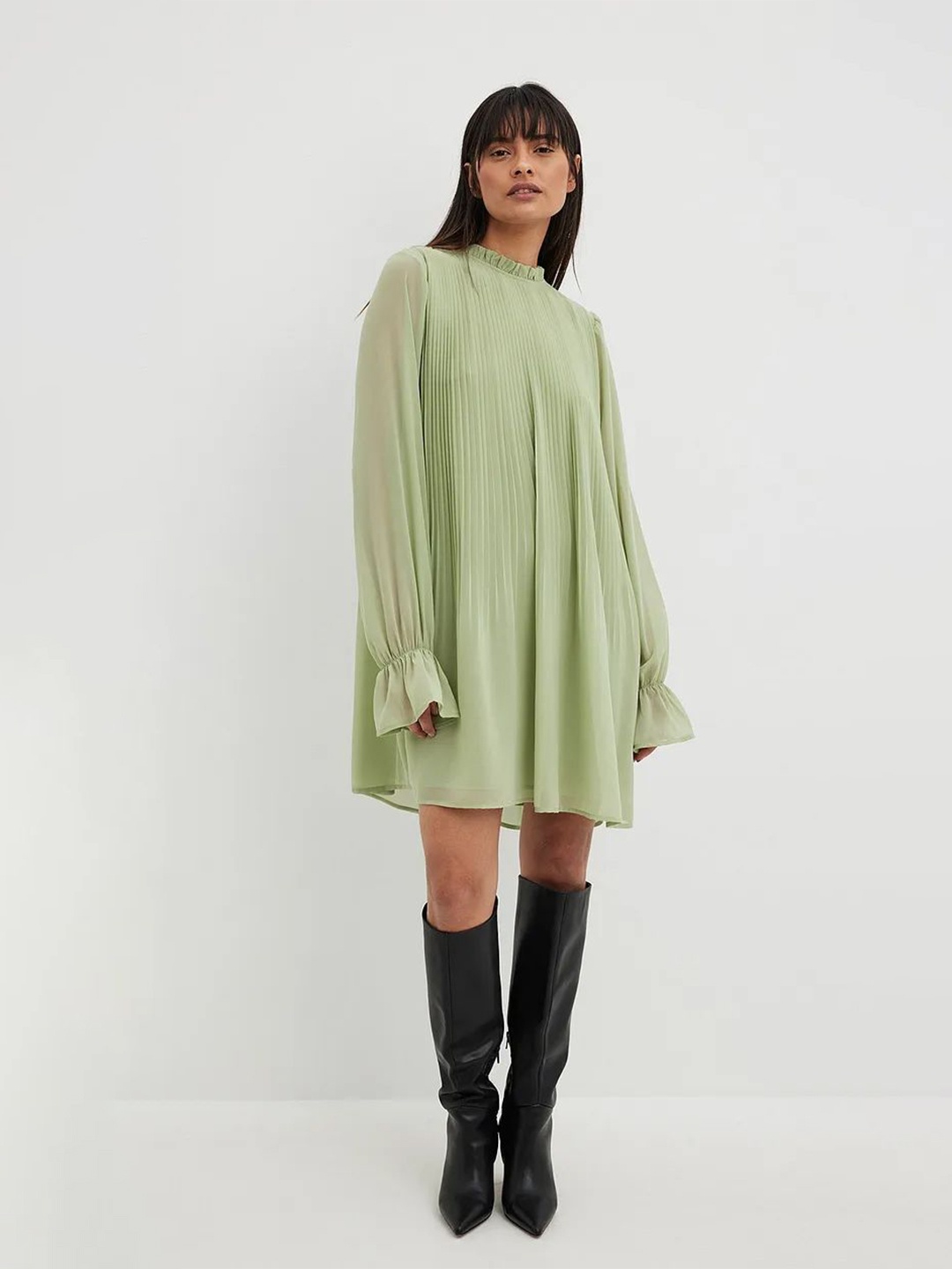 

The Roadster Lifestyle Co High Neck Pleated Georgette A-Line Dress, Green