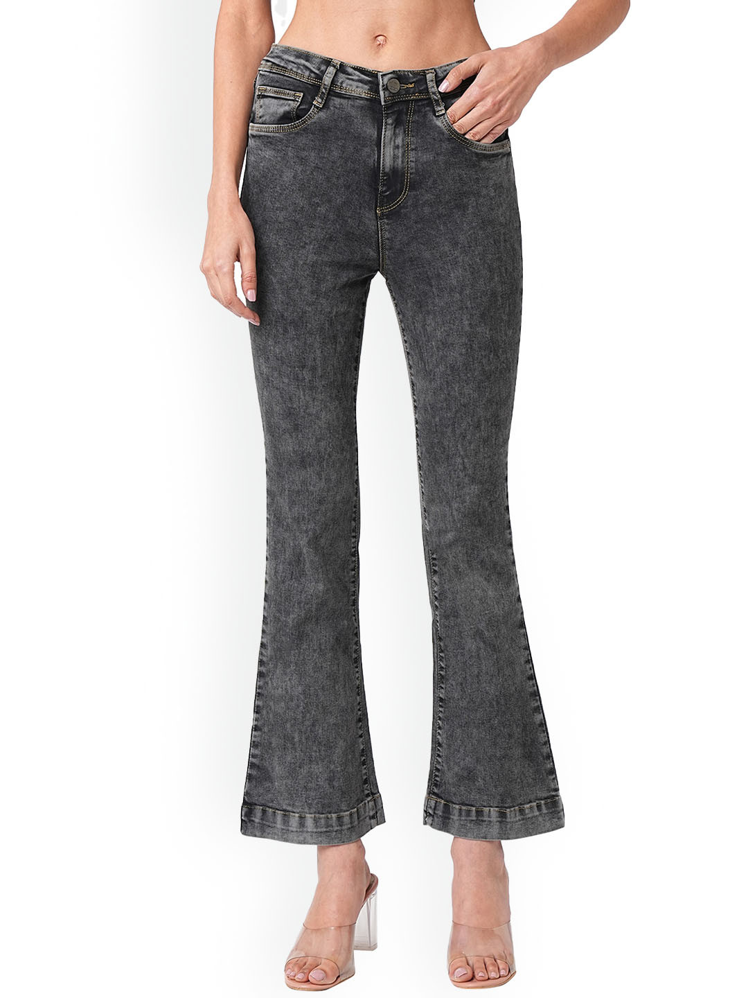 

Kraus Jeans Women Flared High-Rise Heavy Fade Jeans, Grey